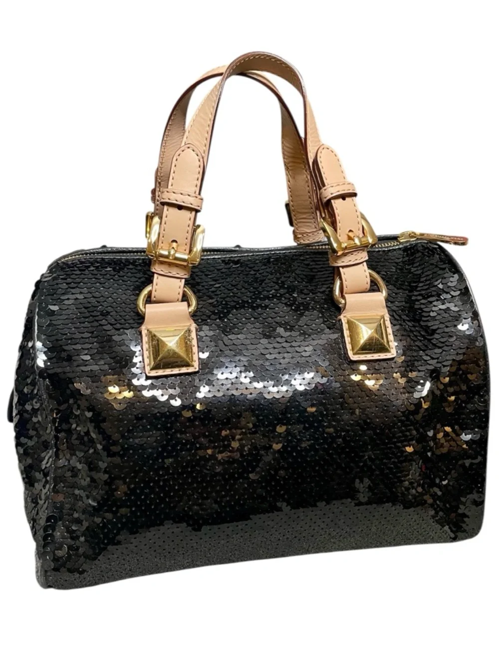 Michael Kors Black Sequin Grayson Satchel Leather Handles & Base Gold Hangtag